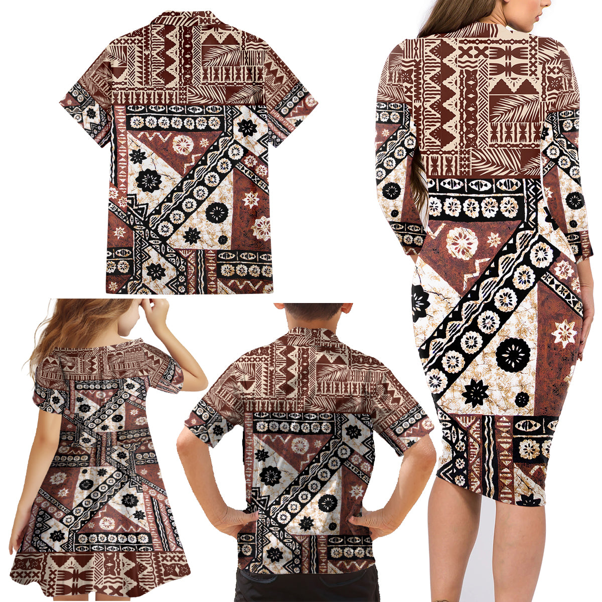 Bula Fiji Family Matching Long Sleeve Bodycon Dress and Hawaiian Shirt Unique Masi Tapa Pattern - Wonder Print Shop