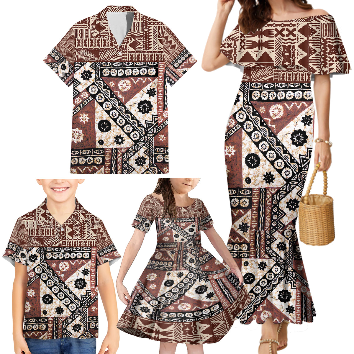 Bula Fiji Family Matching Mermaid Dress and Hawaiian Shirt Unique Masi Tapa Pattern - Wonder Print Shop