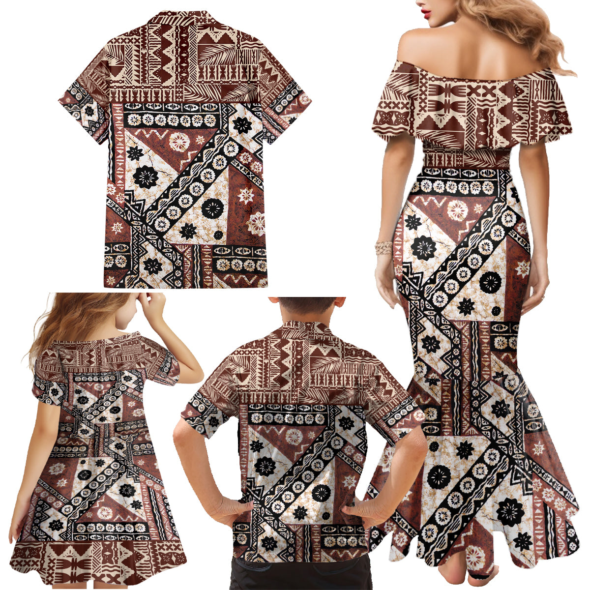Bula Fiji Family Matching Mermaid Dress and Hawaiian Shirt Unique Masi Tapa Pattern - Wonder Print Shop