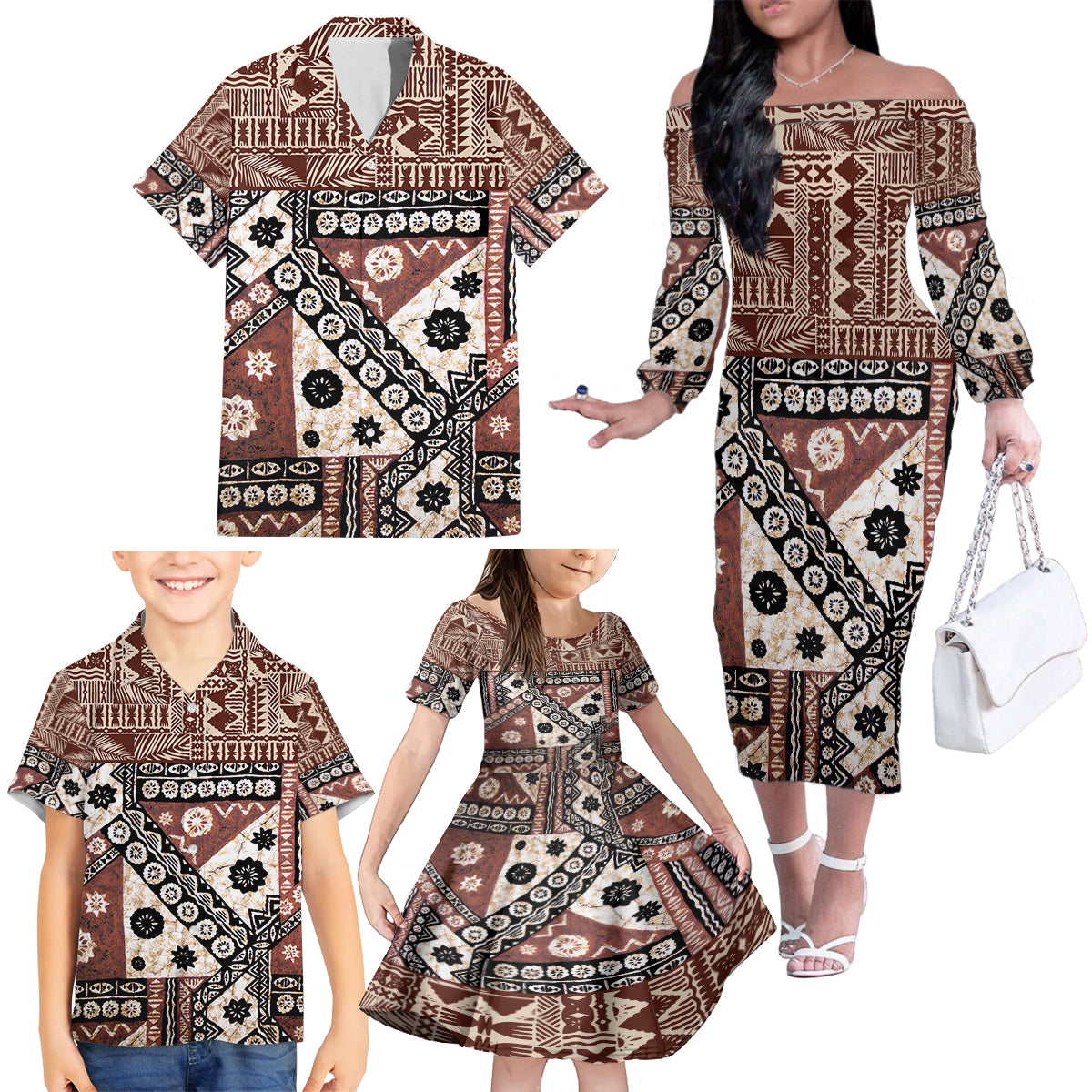 Bula Fiji Family Matching Off Shoulder Long Sleeve Dress and Hawaiian Shirt Unique Masi Tapa Pattern - Wonder Print Shop