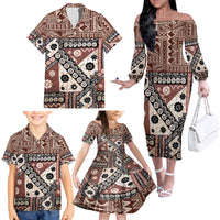 Bula Fiji Family Matching Off Shoulder Long Sleeve Dress and Hawaiian Shirt Unique Masi Tapa Pattern - Wonder Print Shop