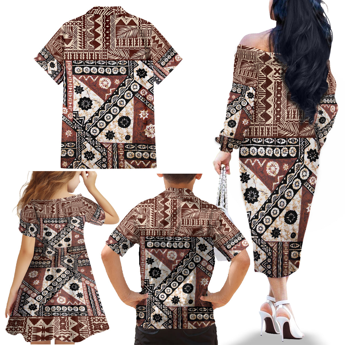 Bula Fiji Family Matching Off Shoulder Long Sleeve Dress and Hawaiian Shirt Unique Masi Tapa Pattern - Wonder Print Shop
