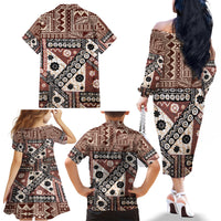 Bula Fiji Family Matching Off Shoulder Long Sleeve Dress and Hawaiian Shirt Unique Masi Tapa Pattern - Wonder Print Shop