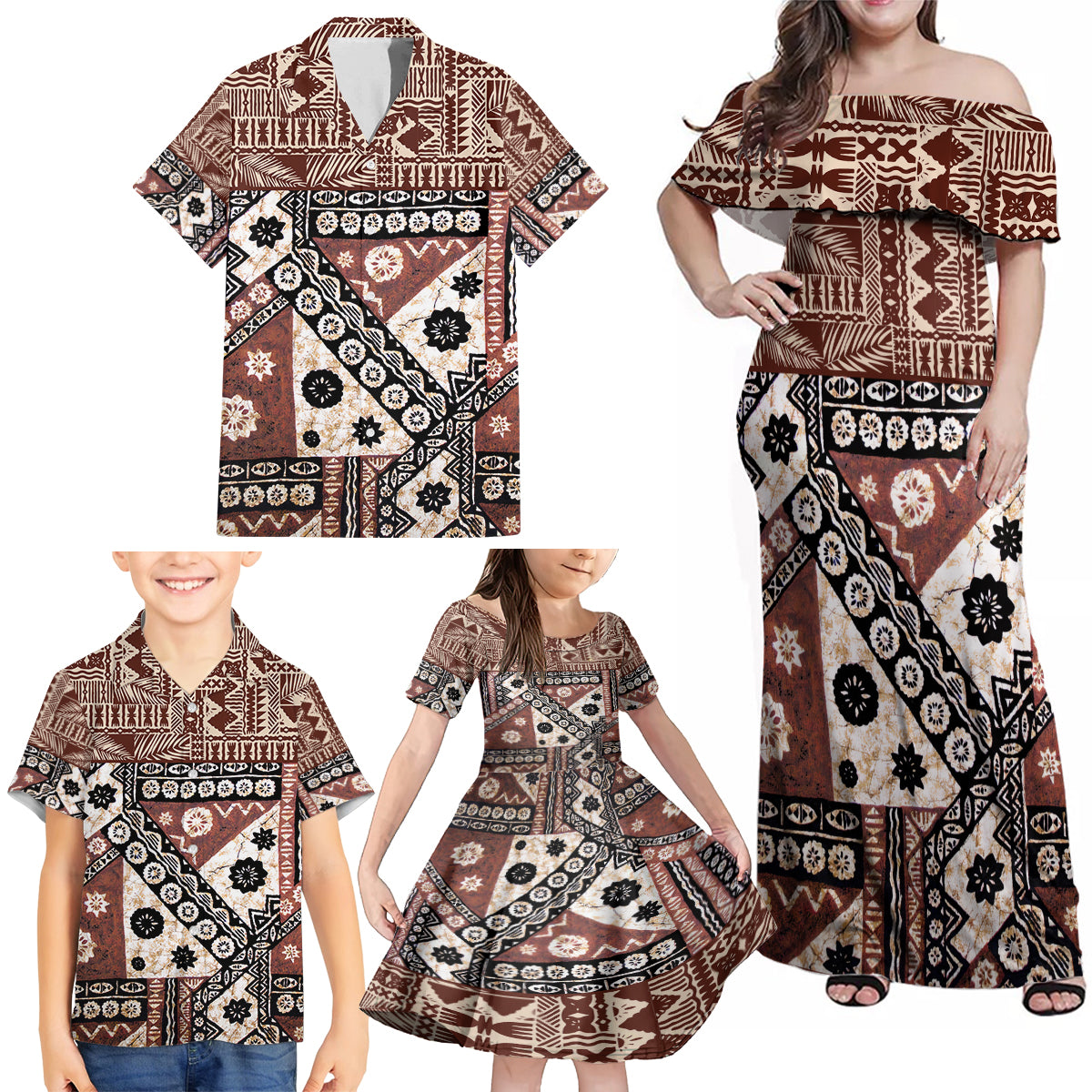 Bula Fiji Family Matching Off Shoulder Maxi Dress and Hawaiian Shirt Unique Masi Tapa Pattern - Wonder Print Shop