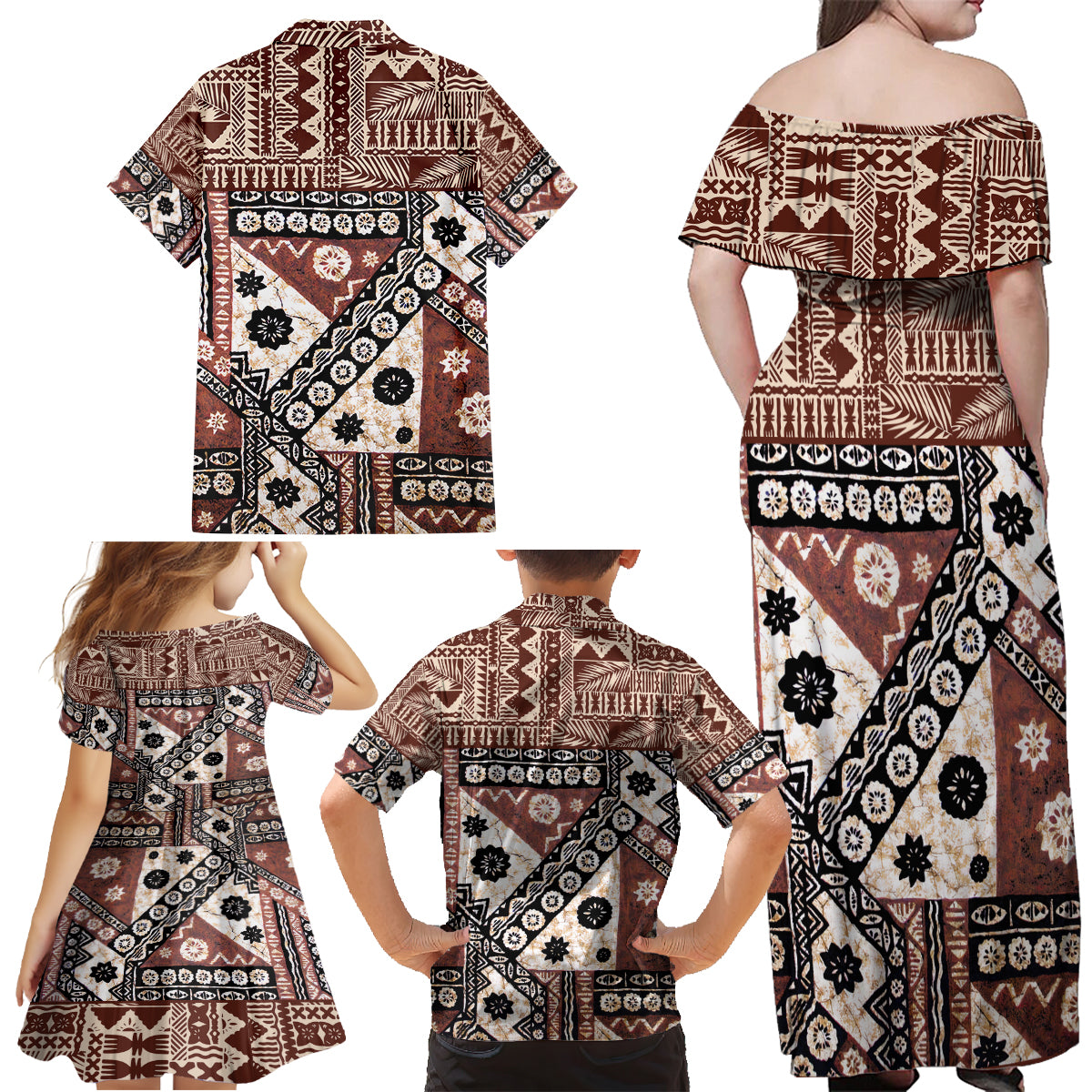 Bula Fiji Family Matching Off Shoulder Maxi Dress and Hawaiian Shirt Unique Masi Tapa Pattern - Wonder Print Shop