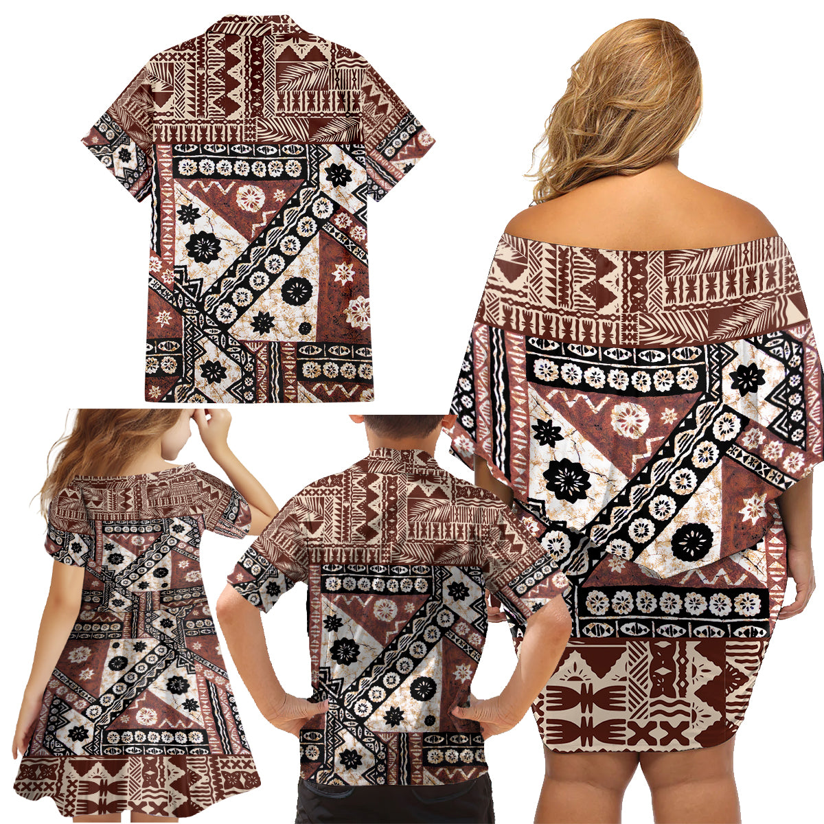 Bula Fiji Family Matching Off Shoulder Short Dress and Hawaiian Shirt Unique Masi Tapa Pattern - Wonder Print Shop