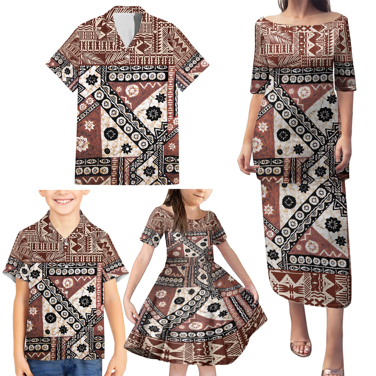 Bula Fiji Family Matching Puletasi Dress and Hawaiian Shirt Unique Masi Tapa Pattern - Wonder Print Shop