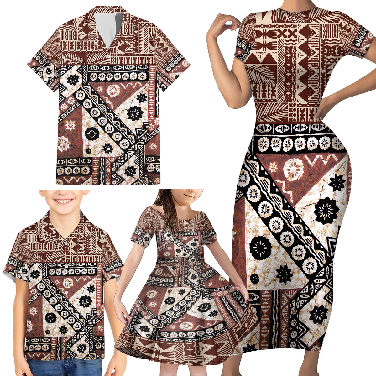 Bula Fiji Family Matching Short Sleeve Bodycon Dress and Hawaiian Shirt Unique Masi Tapa Pattern - Wonder Print Shop