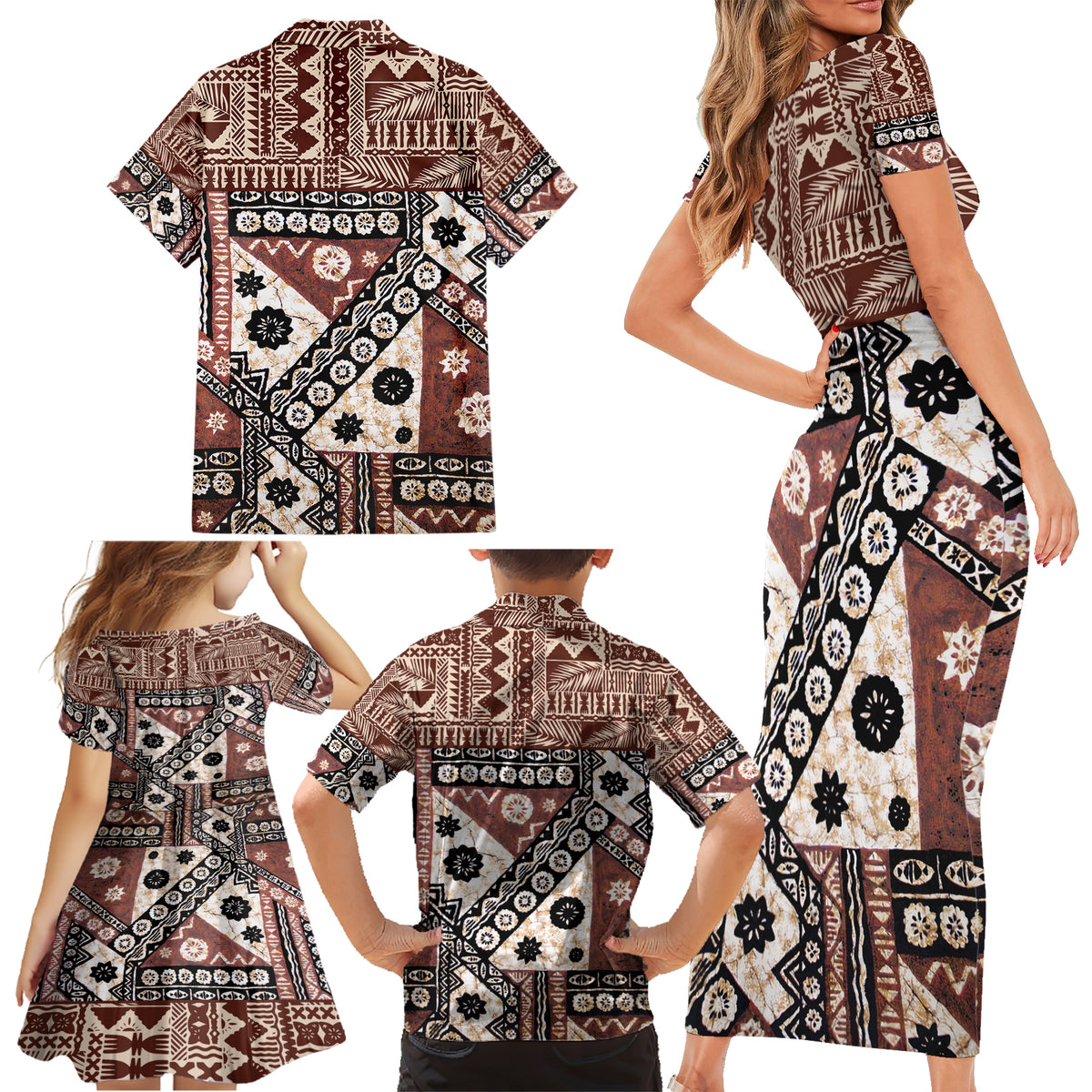Bula Fiji Family Matching Short Sleeve Bodycon Dress and Hawaiian Shirt Unique Masi Tapa Pattern - Wonder Print Shop