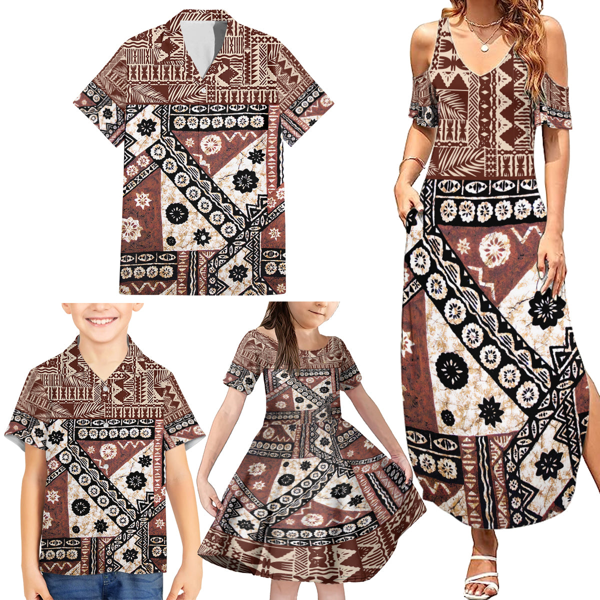 Bula Fiji Family Matching Summer Maxi Dress and Hawaiian Shirt Unique Masi Tapa Pattern - Wonder Print Shop