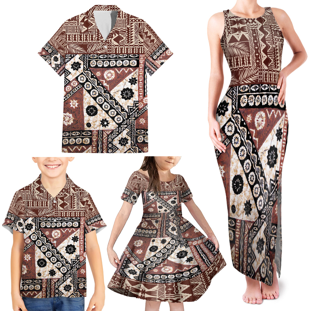 Bula Fiji Family Matching Tank Maxi Dress and Hawaiian Shirt Unique Masi Tapa Pattern - Wonder Print Shop