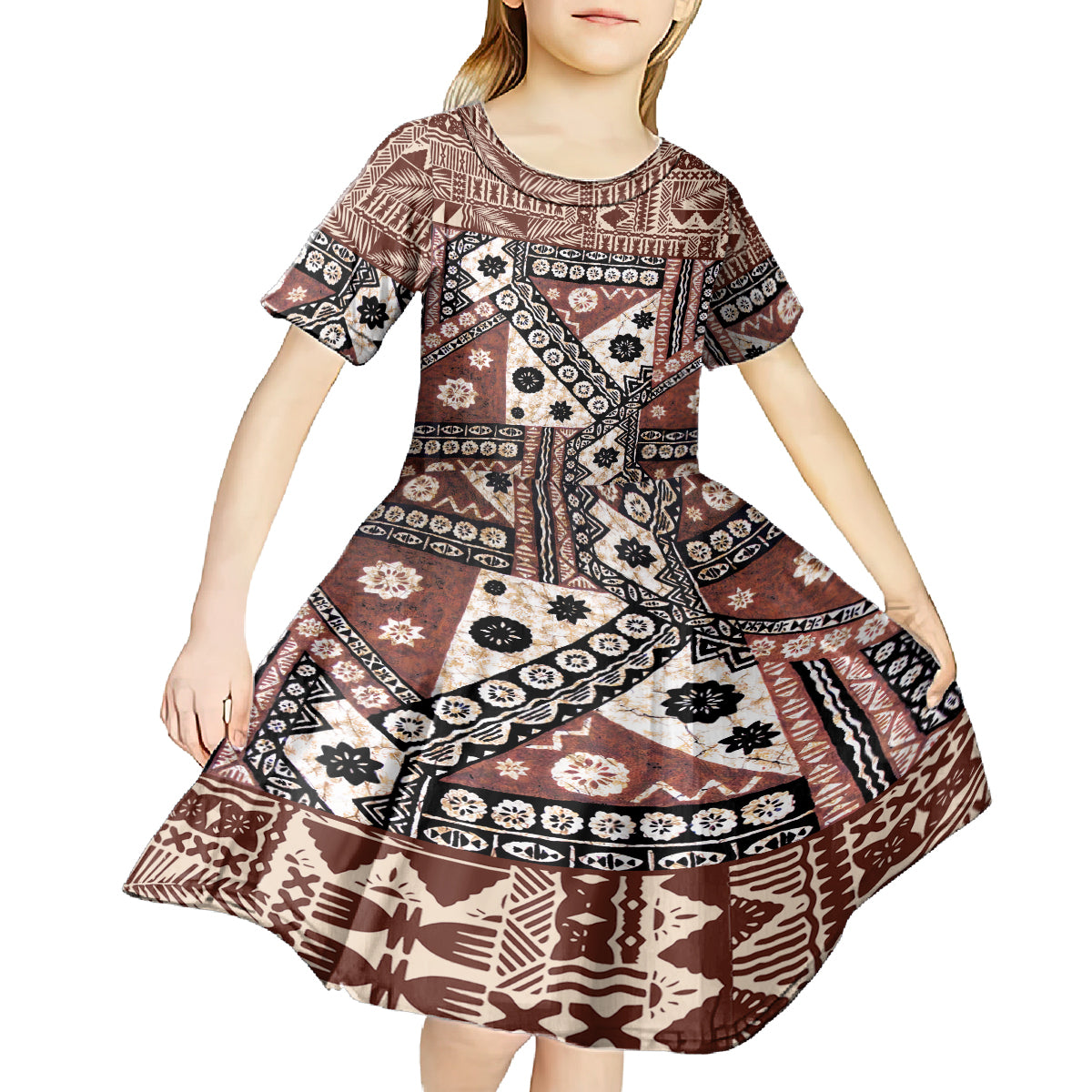 Bula Fiji Kid Short Sleeve Dress Unique Masi Tapa Pattern - Wonder Print Shop
