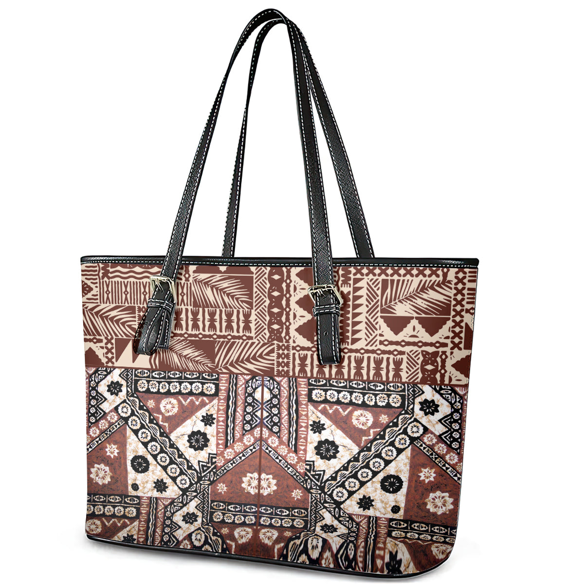 Bula Fiji Leather Tote Bag Unique Masi Tapa Pattern - Wonder Print Shop