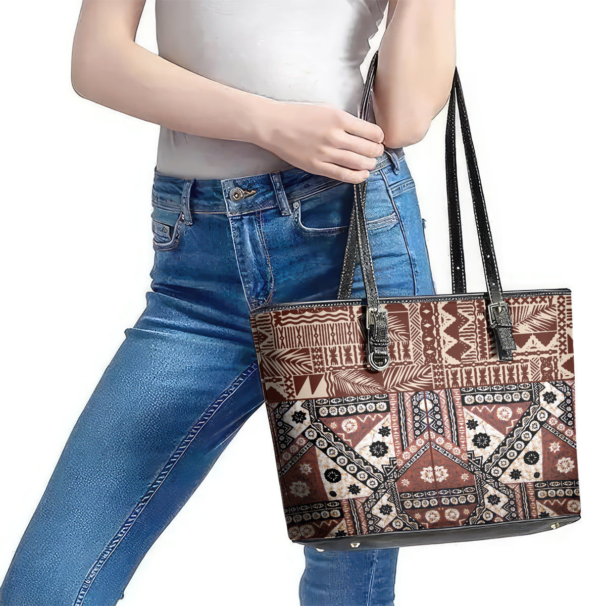 Bula Fiji Leather Tote Bag Unique Masi Tapa Pattern - Wonder Print Shop