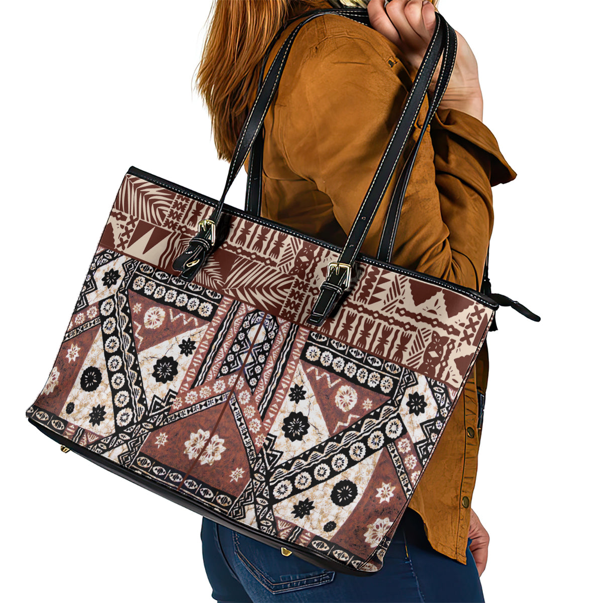 Bula Fiji Leather Tote Bag Unique Masi Tapa Pattern - Wonder Print Shop