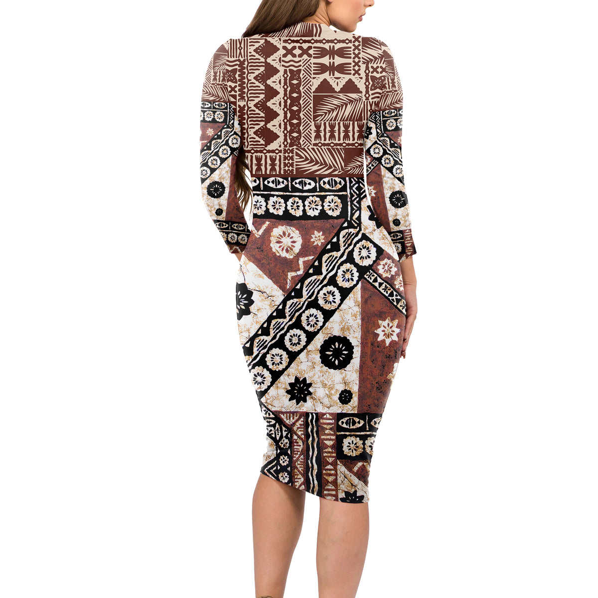 Bula Fiji Long Sleeve Bodycon Dress Unique Masi Tapa Pattern - Wonder Print Shop