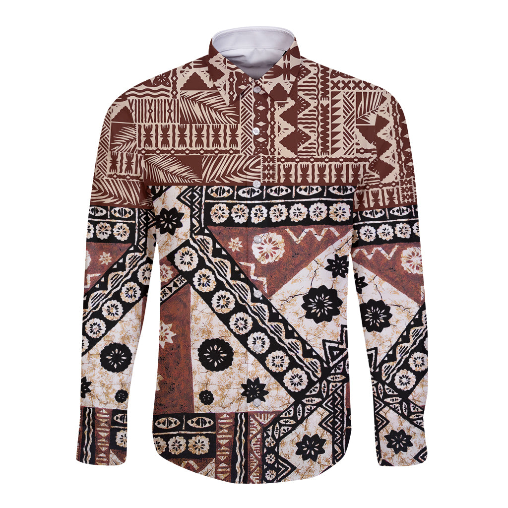 Bula Fiji Long Sleeve Button Shirt Unique Masi Tapa Pattern - Wonder Print Shop