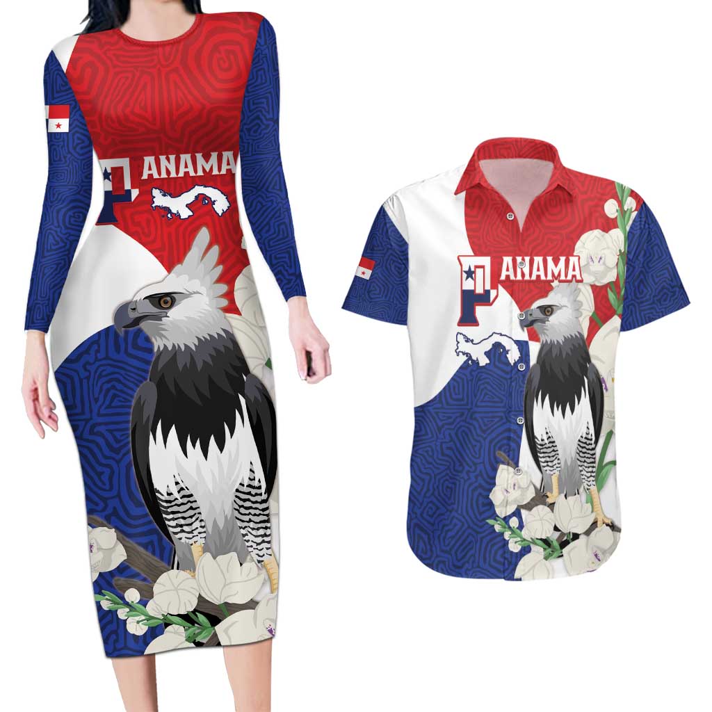 Panama Independence Day Couples Matching Long Sleeve Bodycon Dress and Hawaiian Shirt Harpy Eagle With Mola Pattern - Flag Style - Wonder Print Shop