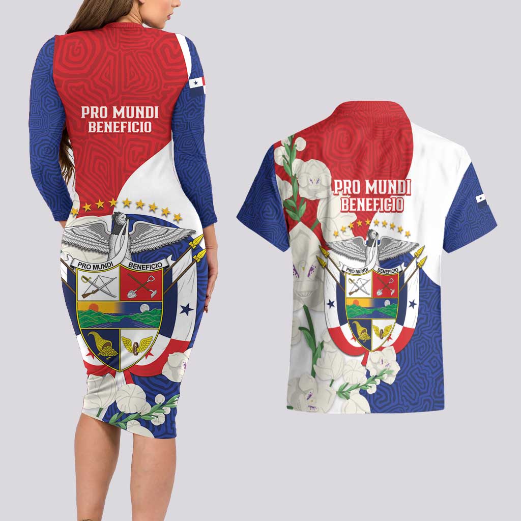 Panama Independence Day Couples Matching Long Sleeve Bodycon Dress and Hawaiian Shirt Harpy Eagle With Mola Pattern - Flag Style - Wonder Print Shop