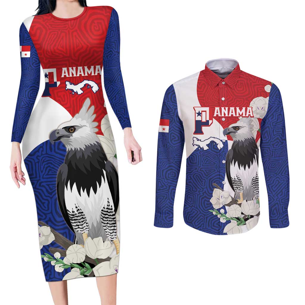 Panama Independence Day Couples Matching Long Sleeve Bodycon Dress and Long Sleeve Button Shirt Harpy Eagle With Mola Pattern - Flag Style - Wonder Print Shop