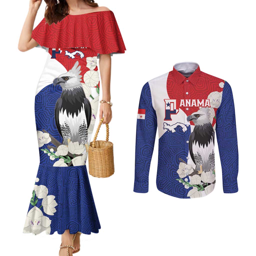 Panama Independence Day Couples Matching Mermaid Dress and Long Sleeve Button Shirt Harpy Eagle With Mola Pattern - Flag Style