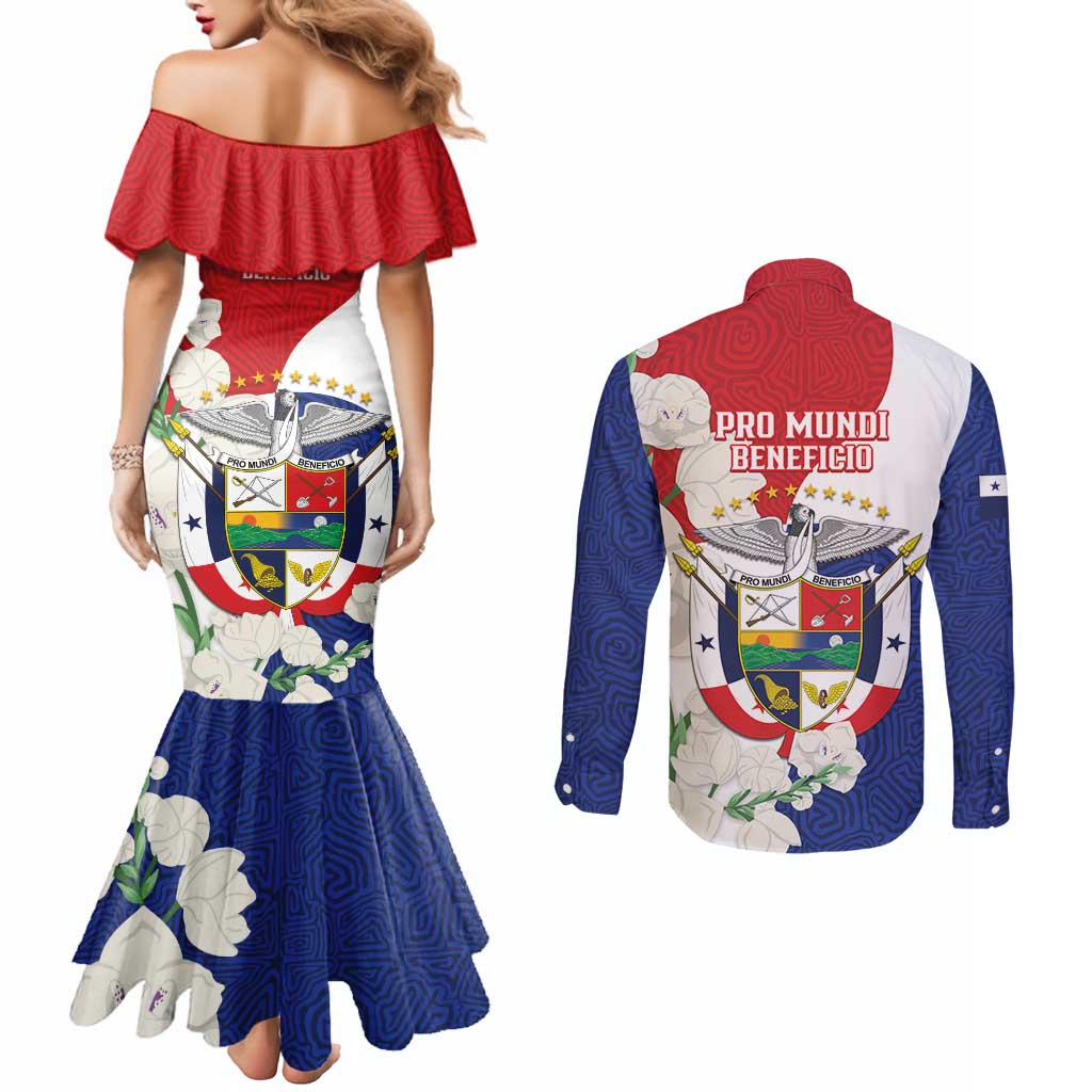 Panama Independence Day Couples Matching Mermaid Dress and Long Sleeve Button Shirt Harpy Eagle With Mola Pattern - Flag Style