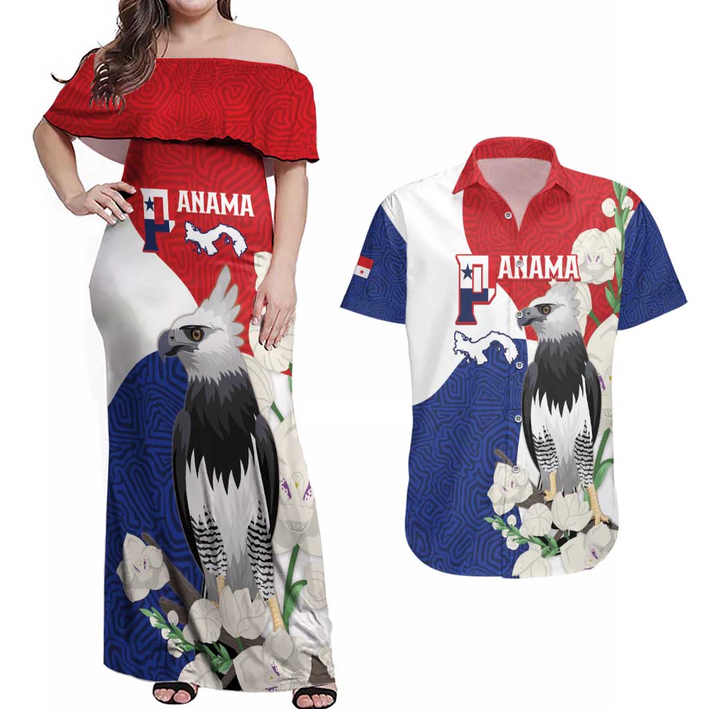 Panama Independence Day Couples Matching Off Shoulder Maxi Dress and Hawaiian Shirt Harpy Eagle With Mola Pattern - Flag Style - Wonder Print Shop