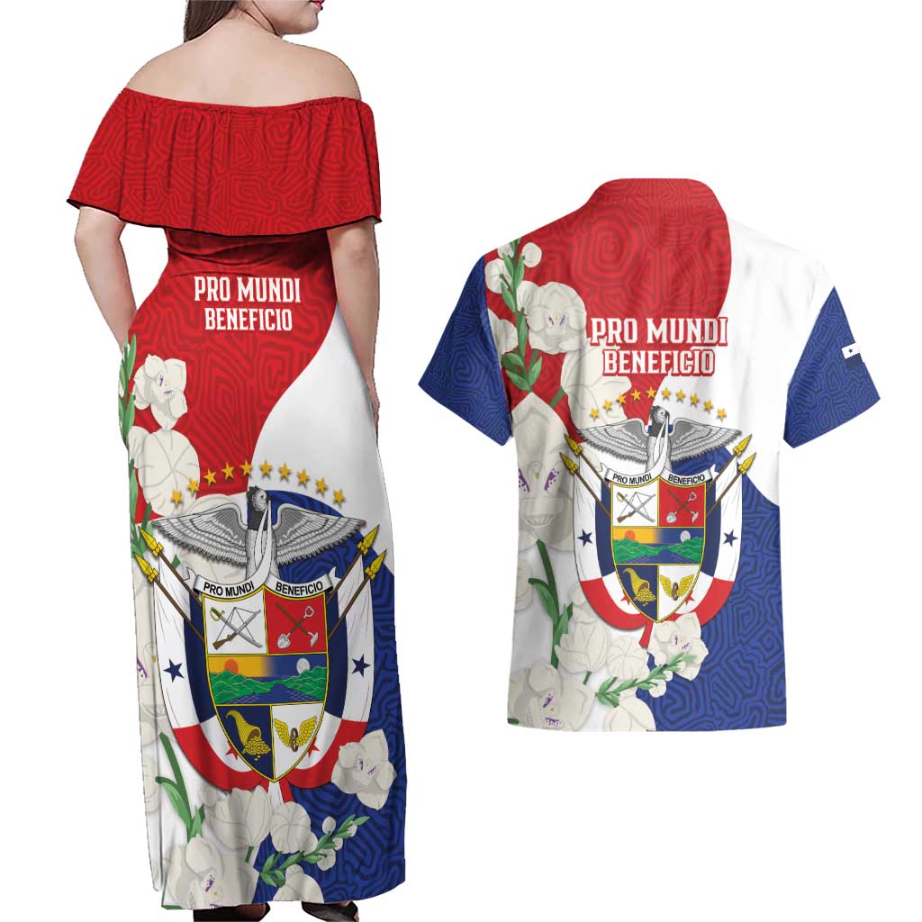 Panama Independence Day Couples Matching Off Shoulder Maxi Dress and Hawaiian Shirt Harpy Eagle With Mola Pattern - Flag Style - Wonder Print Shop