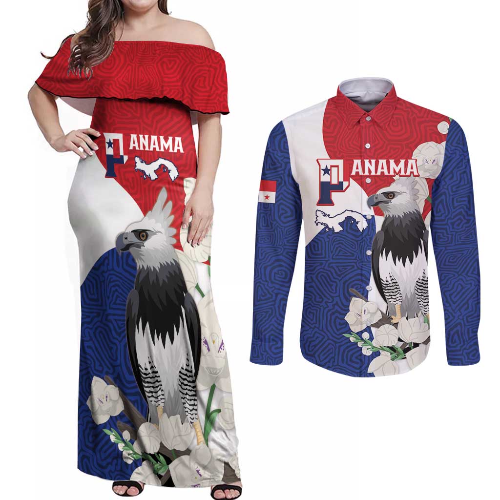 Panama Independence Day Couples Matching Off Shoulder Maxi Dress and Long Sleeve Button Shirt Harpy Eagle With Mola Pattern - Flag Style - Wonder Print Shop