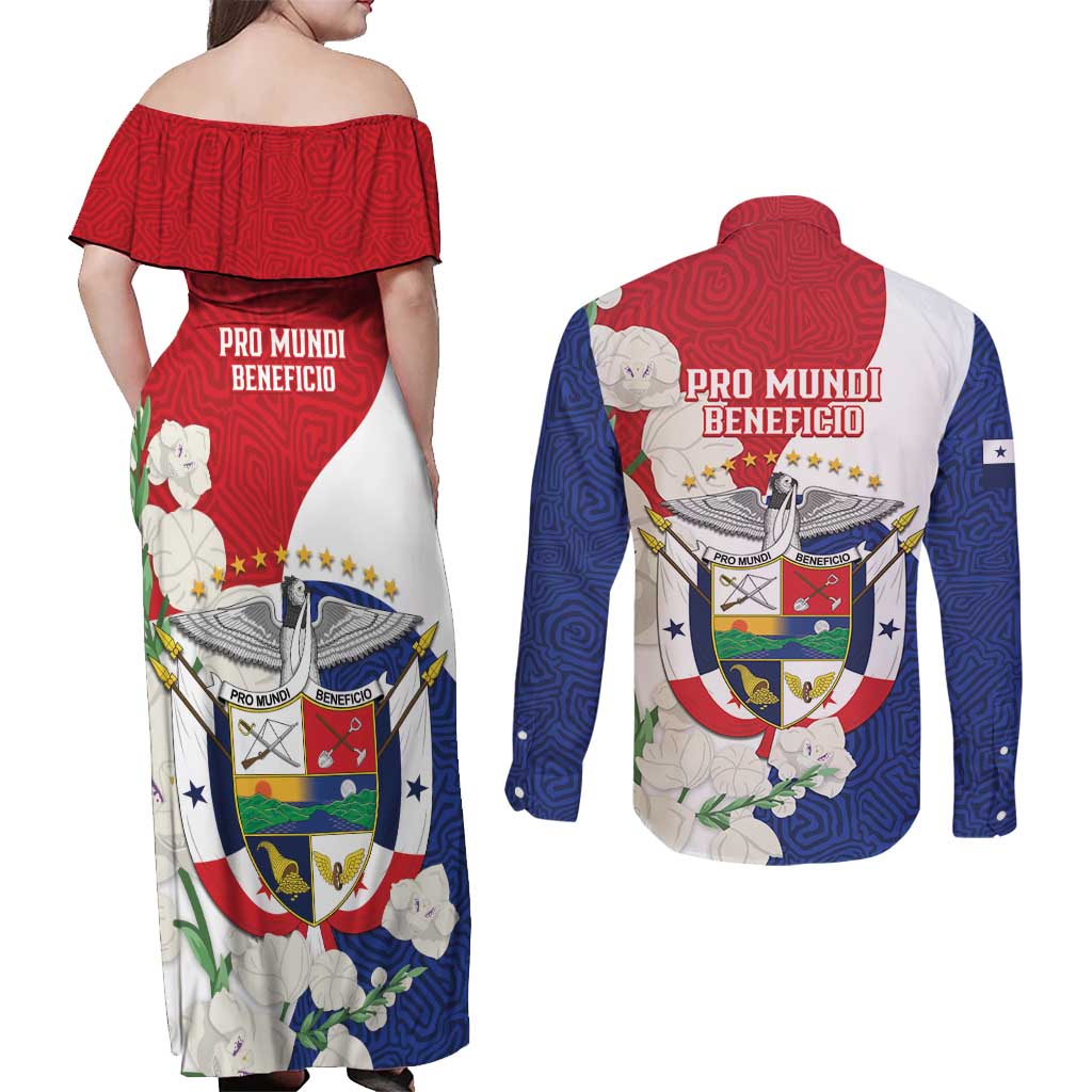 Panama Independence Day Couples Matching Off Shoulder Maxi Dress and Long Sleeve Button Shirt Harpy Eagle With Mola Pattern - Flag Style - Wonder Print Shop