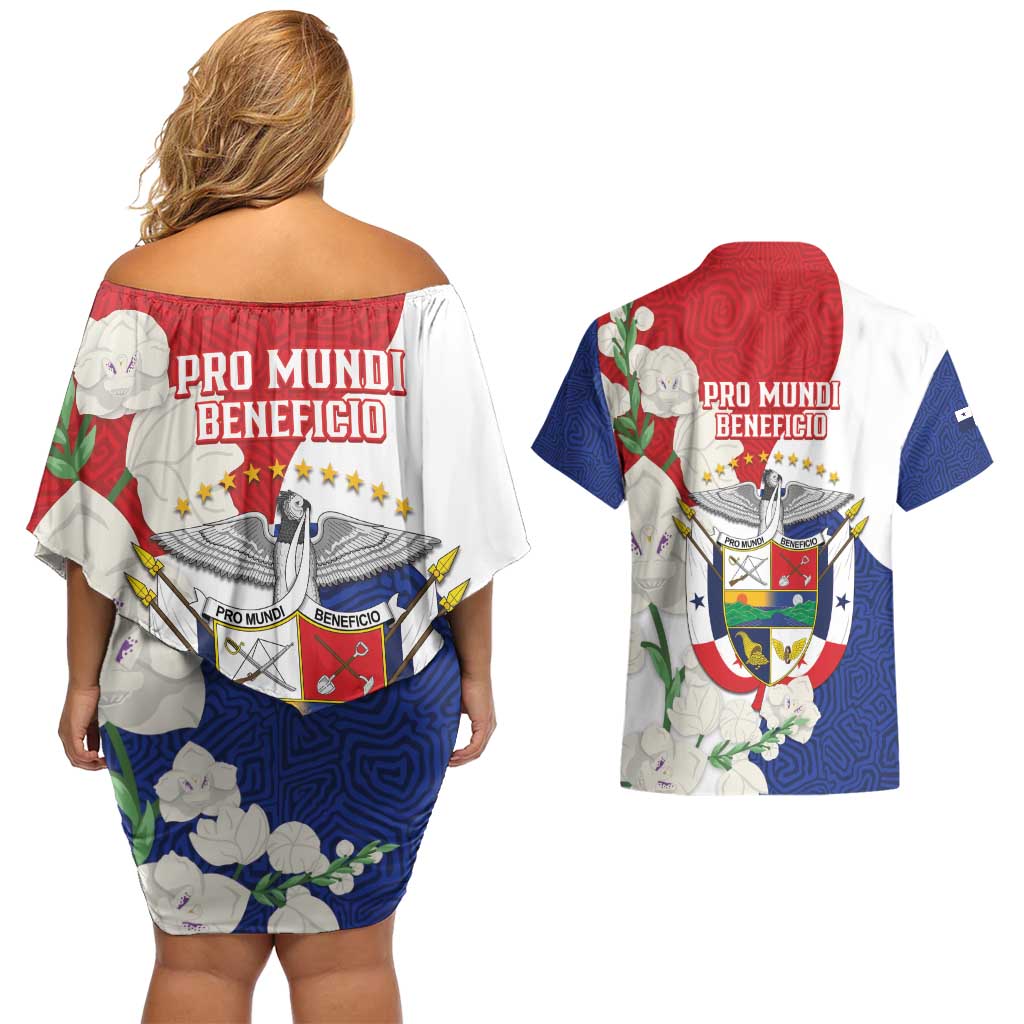 Panama Independence Day Couples Matching Off Shoulder Short Dress and Hawaiian Shirt Harpy Eagle With Mola Pattern - Flag Style - Wonder Print Shop