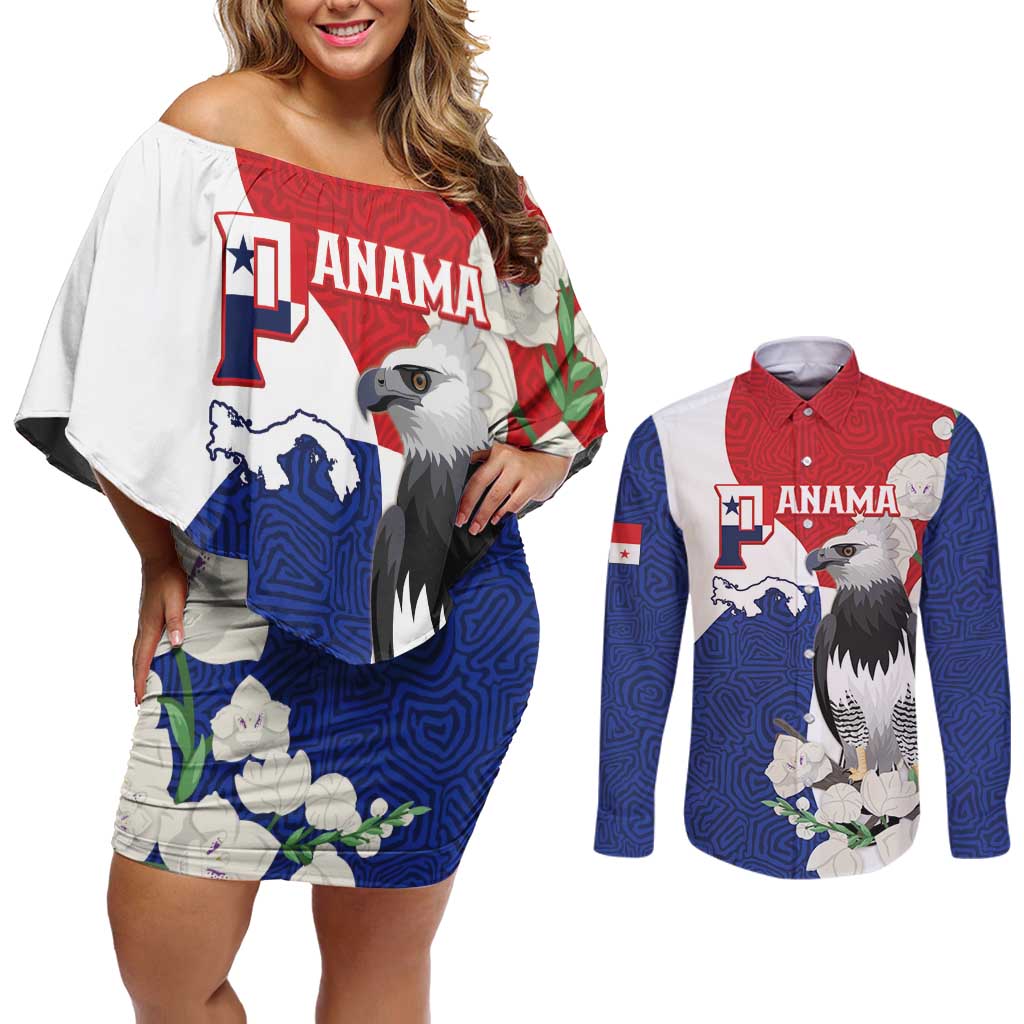 Panama Independence Day Couples Matching Off Shoulder Short Dress and Long Sleeve Button Shirt Harpy Eagle With Mola Pattern - Flag Style - Wonder Print Shop