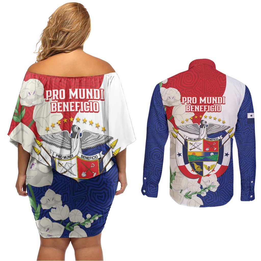 Panama Independence Day Couples Matching Off Shoulder Short Dress and Long Sleeve Button Shirt Harpy Eagle With Mola Pattern - Flag Style - Wonder Print Shop