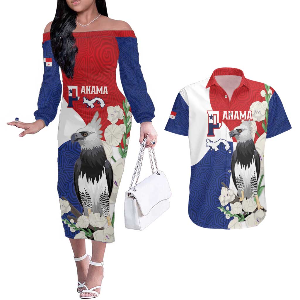 Panama Independence Day Couples Matching Off The Shoulder Long Sleeve Dress and Hawaiian Shirt Harpy Eagle With Mola Pattern - Flag Style - Wonder Print Shop