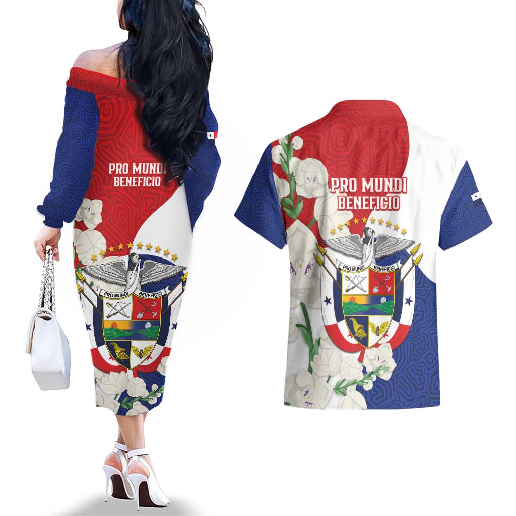 Panama Independence Day Couples Matching Off The Shoulder Long Sleeve Dress and Hawaiian Shirt Harpy Eagle With Mola Pattern - Flag Style - Wonder Print Shop