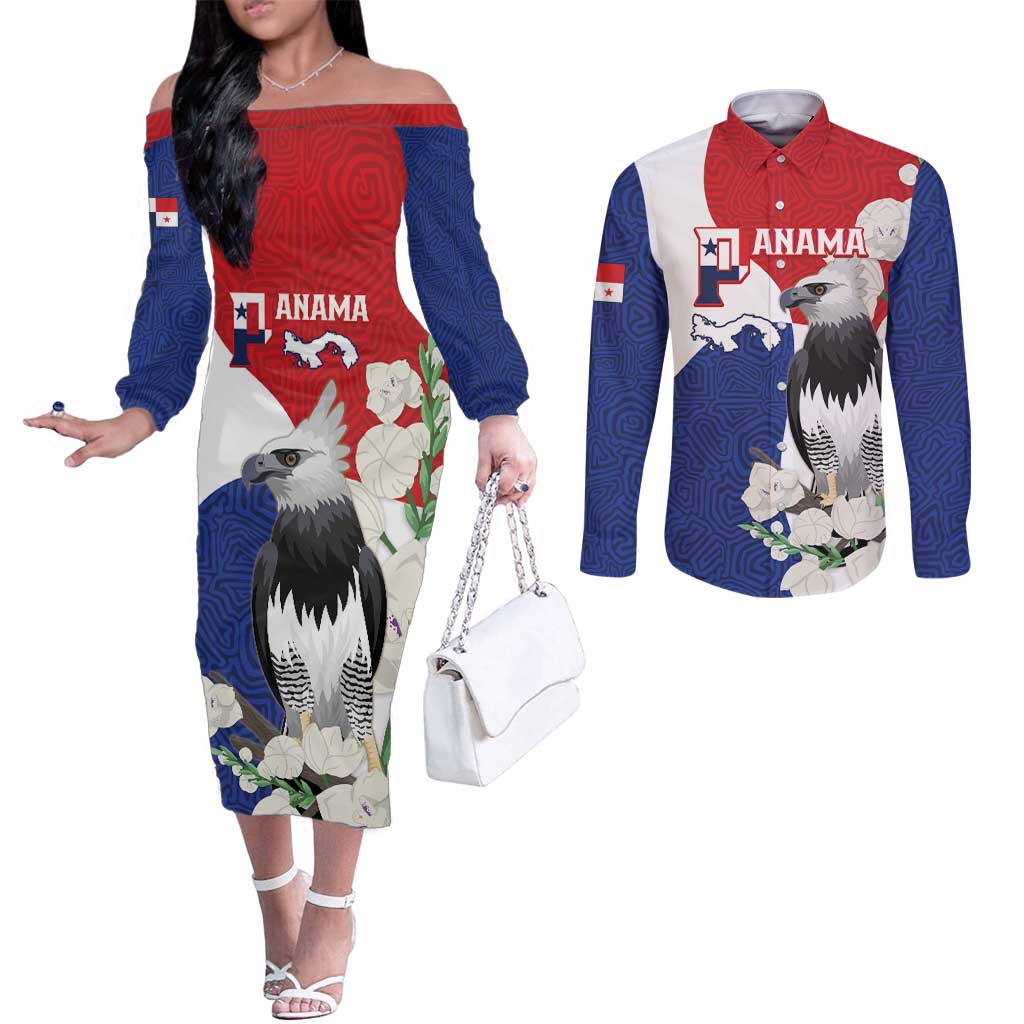 Panama Independence Day Couples Matching Off The Shoulder Long Sleeve Dress and Long Sleeve Button Shirt Harpy Eagle With Mola Pattern - Flag Style