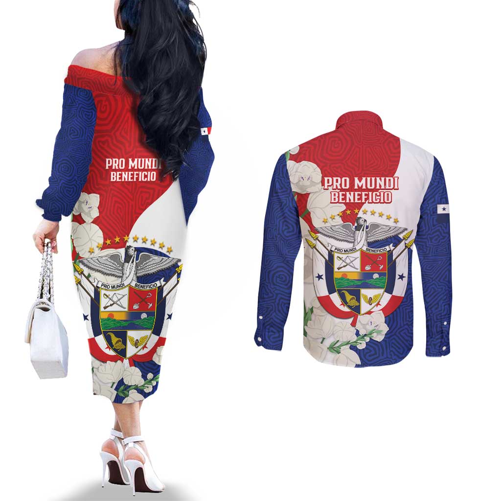 Panama Independence Day Couples Matching Off The Shoulder Long Sleeve Dress and Long Sleeve Button Shirt Harpy Eagle With Mola Pattern - Flag Style