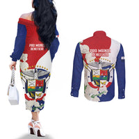 Panama Independence Day Couples Matching Off The Shoulder Long Sleeve Dress and Long Sleeve Button Shirt Harpy Eagle With Mola Pattern - Flag Style