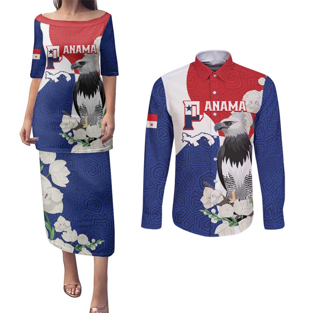 Panama Independence Day Couples Matching Puletasi and Long Sleeve Button Shirt Harpy Eagle With Mola Pattern - Flag Style - Wonder Print Shop