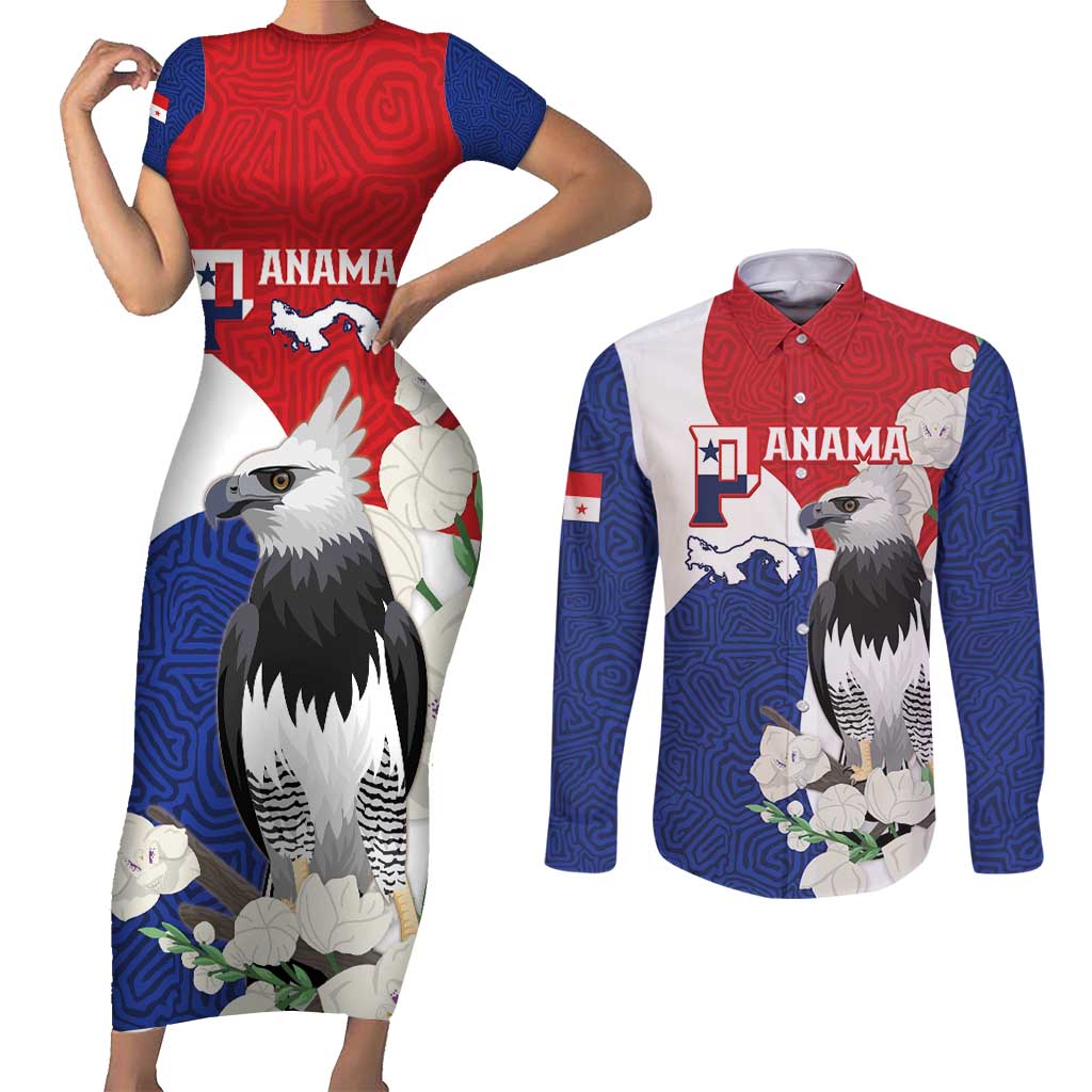 Panama Independence Day Couples Matching Short Sleeve Bodycon Dress and Long Sleeve Button Shirt Harpy Eagle With Mola Pattern - Flag Style - Wonder Print Shop