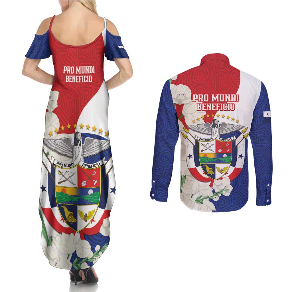 Panama Independence Day Couples Matching Summer Maxi Dress and Long Sleeve Button Shirt Harpy Eagle With Mola Pattern - Flag Style - Wonder Print Shop