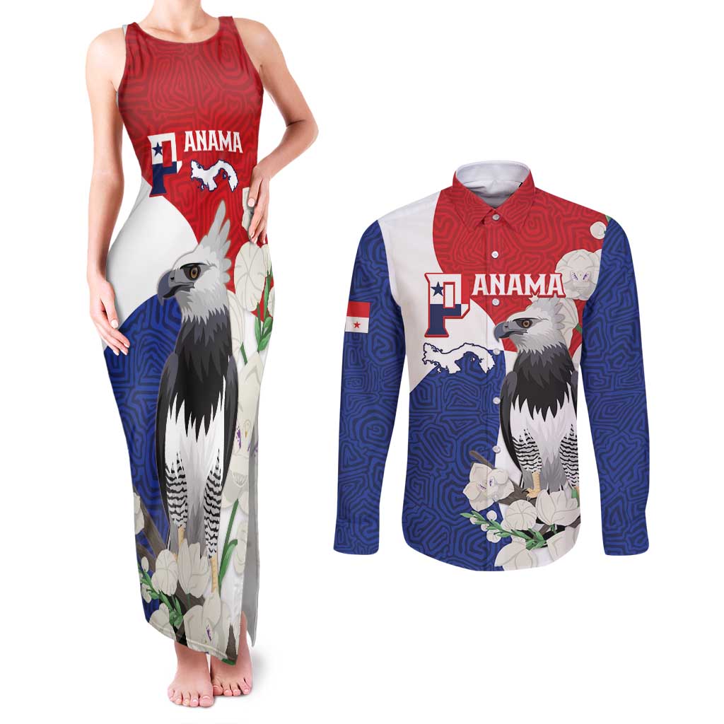 Panama Independence Day Couples Matching Tank Maxi Dress and Long Sleeve Button Shirt Harpy Eagle With Mola Pattern - Flag Style - Wonder Print Shop