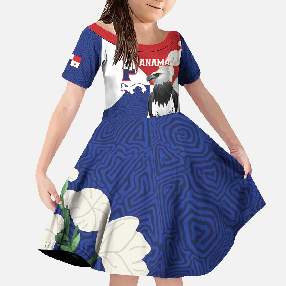 Panama Independence Day Family Matching Off The Shoulder Long Sleeve Dress and Hawaiian Shirt Harpy Eagle With Mola Pattern - Flag Style - Wonder Print Shop