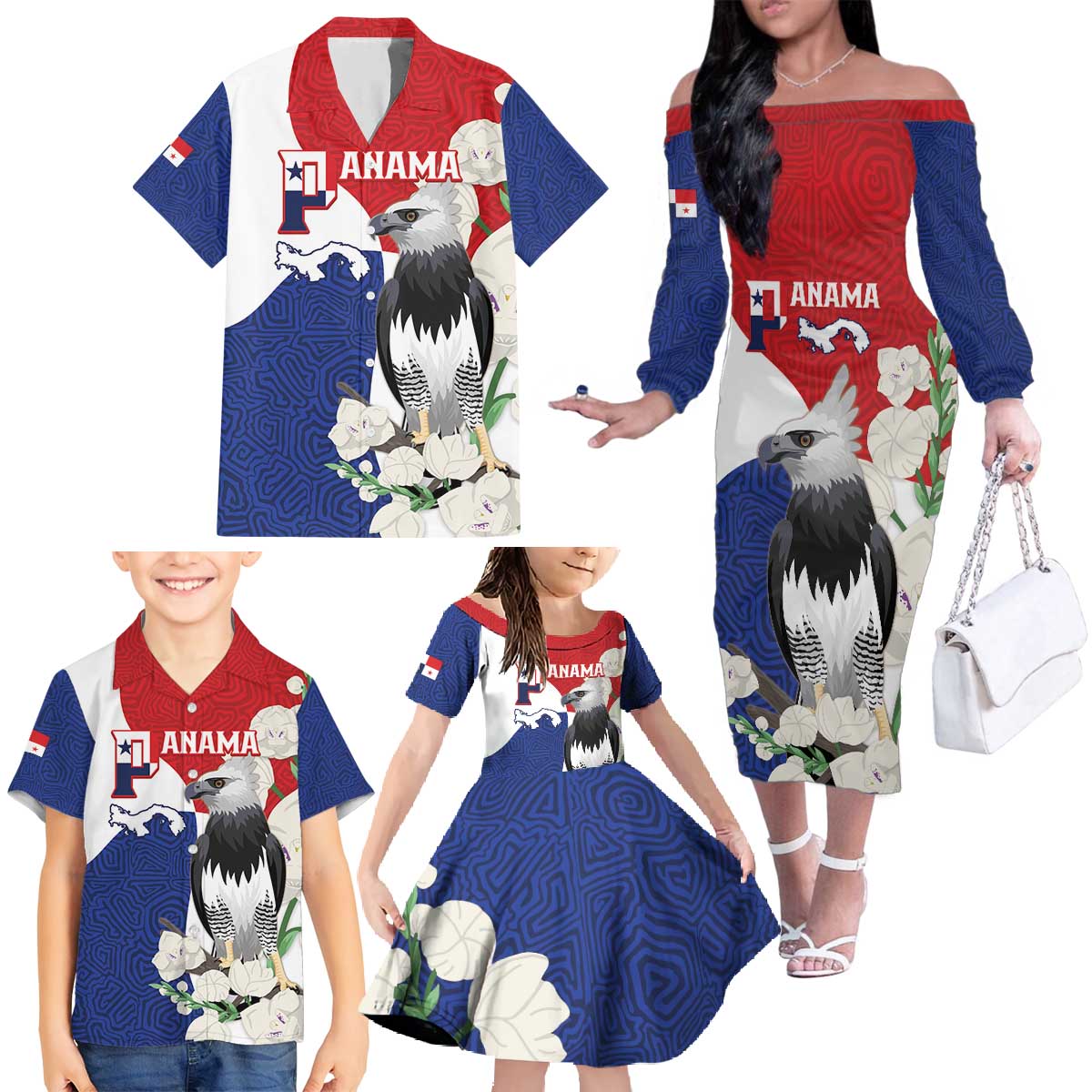 Panama Independence Day Family Matching Off The Shoulder Long Sleeve Dress and Hawaiian Shirt Harpy Eagle With Mola Pattern - Flag Style - Wonder Print Shop