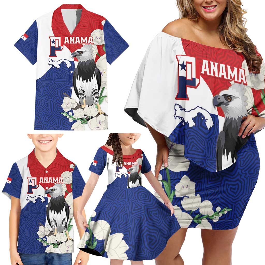 Panama Independence Day Family Matching Off Shoulder Short Dress and Hawaiian Shirt Harpy Eagle With Mola Pattern - Flag Style - Wonder Print Shop