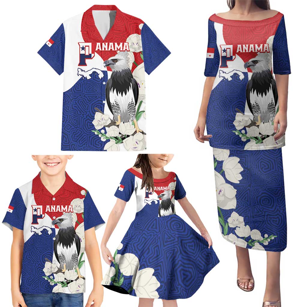 Panama Independence Day Family Matching Puletasi and Hawaiian Shirt Harpy Eagle With Mola Pattern - Flag Style - Wonder Print Shop