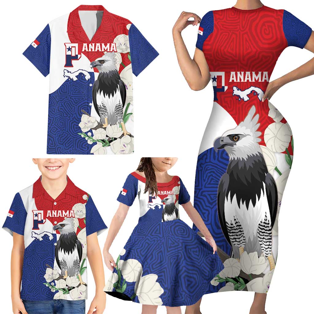 Panama Independence Day Family Matching Short Sleeve Bodycon Dress and Hawaiian Shirt Harpy Eagle With Mola Pattern - Flag Style - Wonder Print Shop