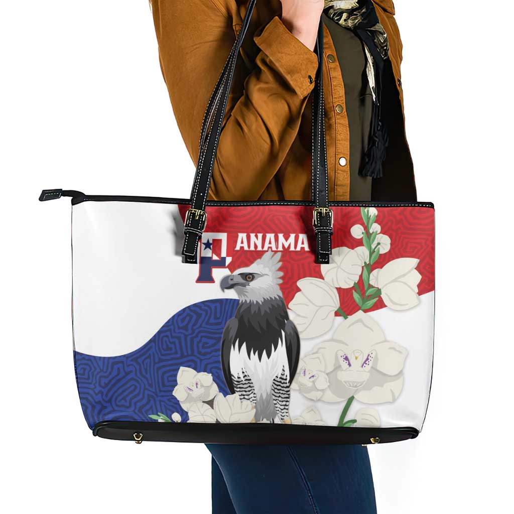 Panama Independence Day Leather Tote Bag Harpy Eagle With Mola Pattern - Flag Style - Wonder Print Shop