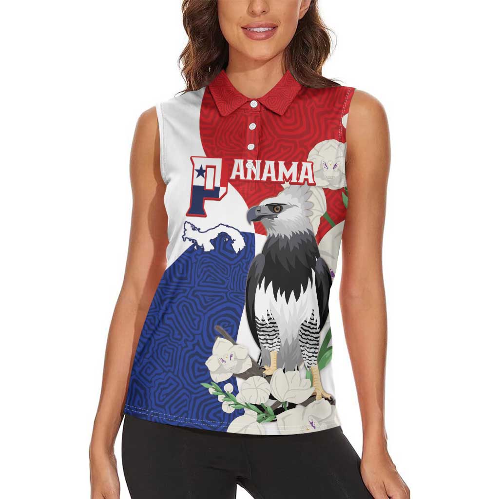 Panama Independence Day Women Sleeveless Polo Shirt Harpy Eagle With Mola Pattern - Flag Style - Wonder Print Shop