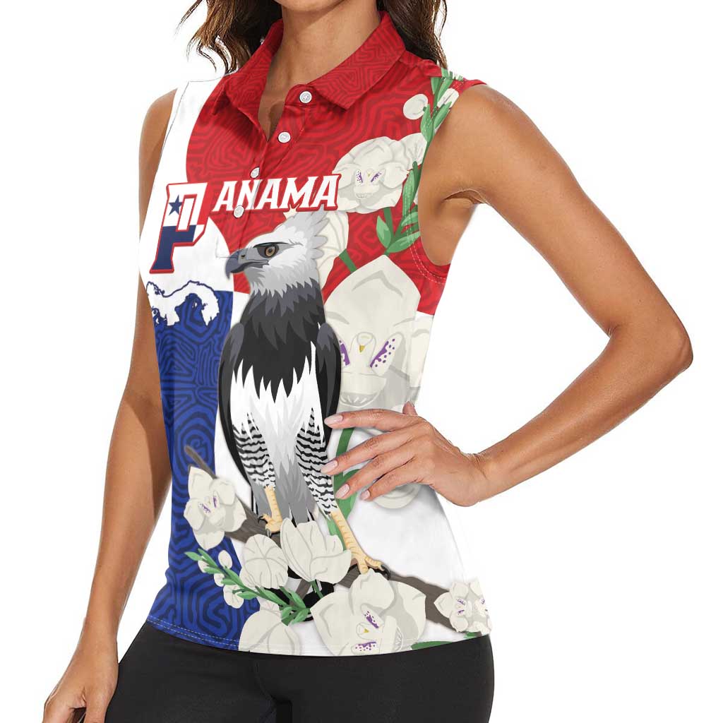 Panama Independence Day Women Sleeveless Polo Shirt Harpy Eagle With Mola Pattern - Flag Style - Wonder Print Shop